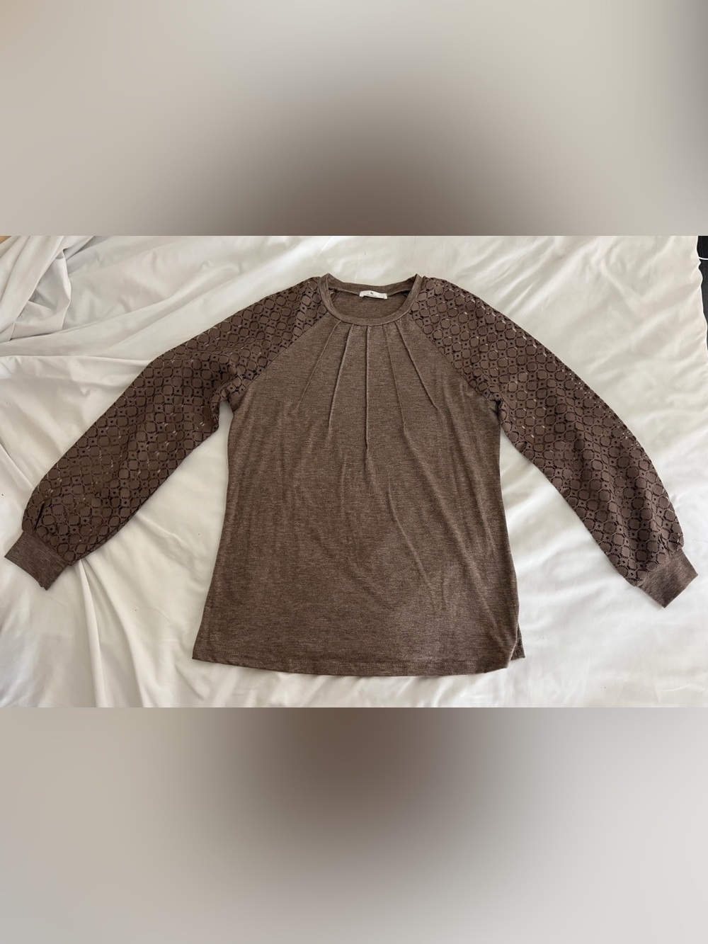 Taupe Brown Lace-Sleeve Women’s Top - Casual Pleated Front